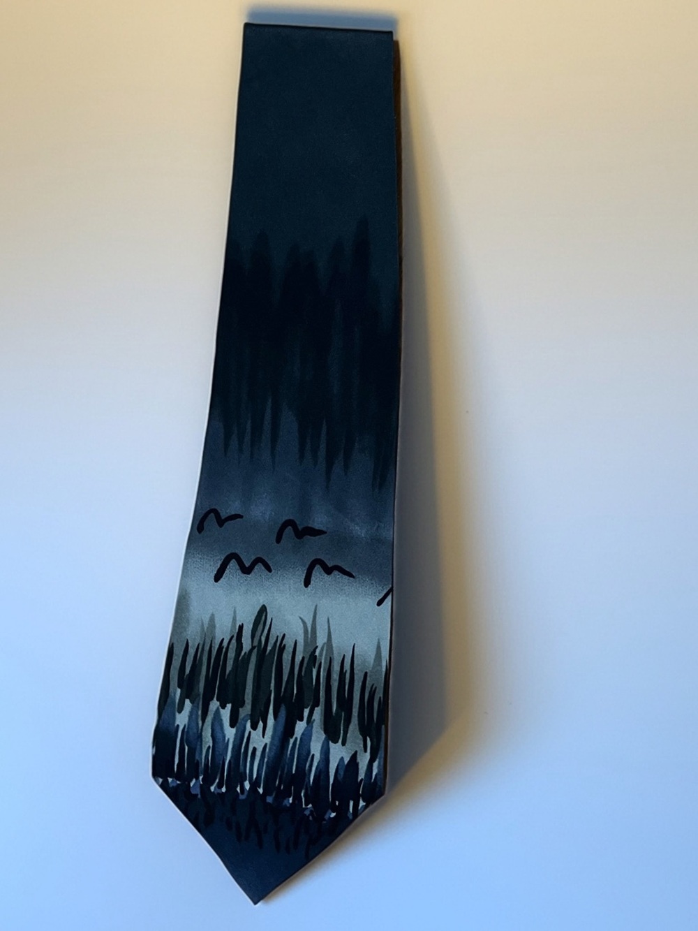 J. Garcia Deep Blue Gradient Silk Tie with Hand-Painted Marsh Motif